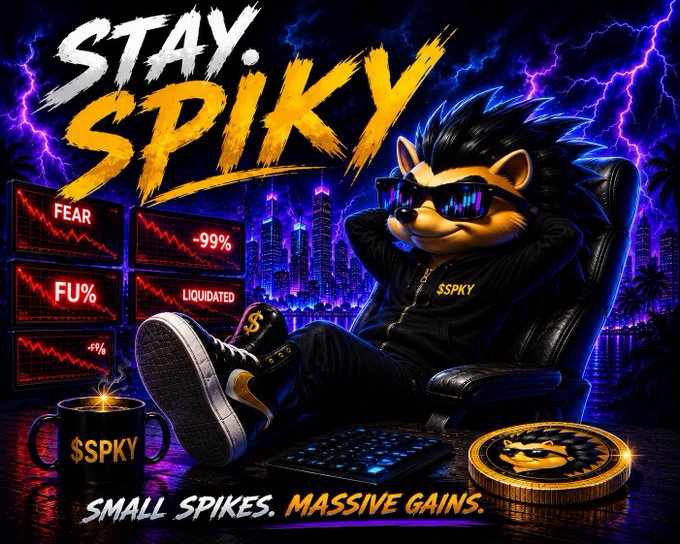 The image features a cartoon hedgehog wearing sunglasses, sitting comfortably in an office chair with a keyboard and mouse nearby. The background of the image displays a city skyline at night, creating a contrast between the urban setting and the whimsical hedgehog character. The caption below the image reads "30 days to go!!! spikyarmy.com Stay tuned with our Telegram and don't miss a thing t.me/spikyarmy #StaySpiky #Solana #Memecoin".