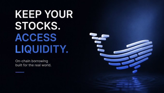 A promotional banner with the text 'KEEP YOUR STOCKS. ACCESS LIQUIDITY.' and 'On-chain borrowing built for the real world,' accompanied by a 3D blue US map graphic.