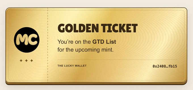 A gold "GOLDEN TICKET" displaying "You're on the GTD List for the upcoming mint" from "THE LUCKY WALLET" (0x2408...fb15), with the MC logo, illustrating the post's announcement of winning a guaranteed whitelist spot for the @modelcitizensgg NFT mint through their free spin promotion.