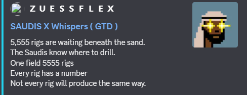 A graphic titled 'ZUESSFLEX' featuring a pixel art image of Jesus with sunglasses and the text 'SAUDIS X Whispers (GTD)' along with a short poem about oil rigs.