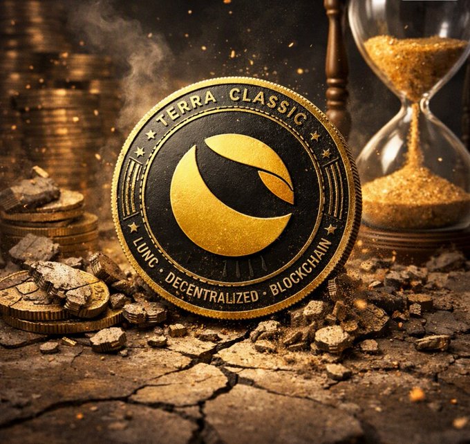 A dramatic, golden-lit close-up of a Terra Classic (LUNC) physical coin labeled 'TERRA CLASSIC • LUNC • DECENTRALIZED • BLOCKCHAIN,' surrounded by gold coins, sand, and an hourglass.