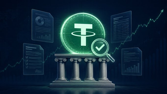 A glowing Tether (USDT) coin sits atop a classical pillar alongside a magnifying glass with a checkmark, surrounded by financial documents and a rising green trend line, symbolizing the crypto giant's pursuit of long-awaited transparency through a newly commissioned Big Four audit.