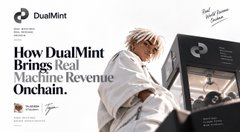 A graphic titled 'How DualMint Brings Real Mainline Revenue Onchain' featuring the DualMint logo and a person with a laptop, dated January 20, 2025.