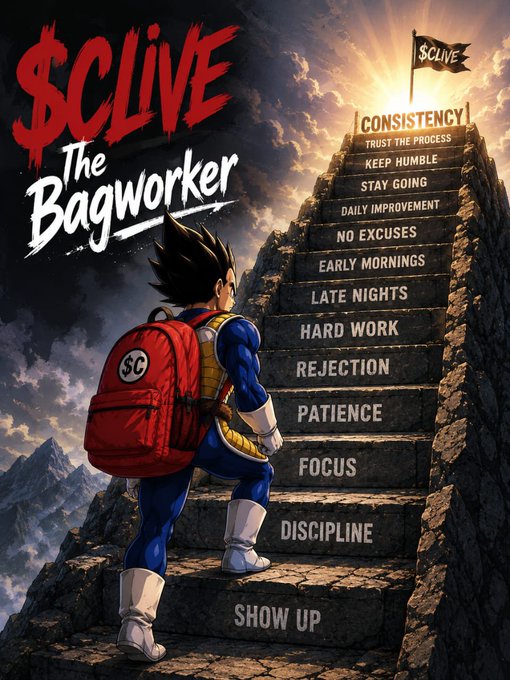 A motivational poster featuring a Vegeta-like anime character with a red backpack climbing stone stairs labeled with values like 'CONSISTENCY,' 'TRUST THE PROCESS,' and 'DISCIPLINE,' titled '$CLIVE The Bagworker.'