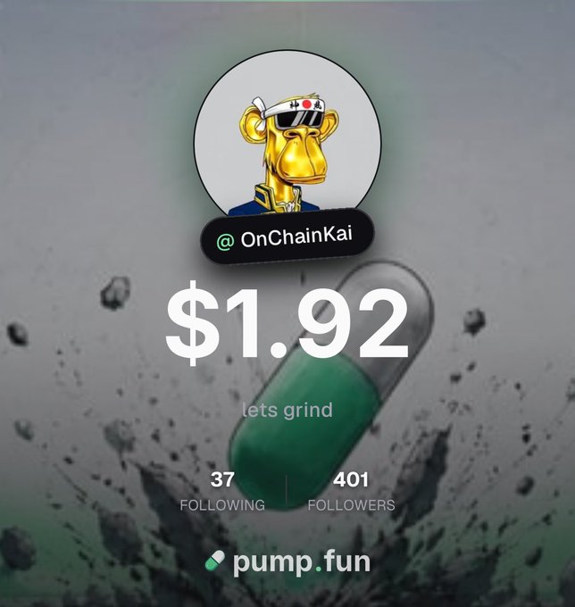 A profile page for '@OnChainKai' featuring a golden monkey NFT avatar, a price of '$1.92', and a 'lets grind' bio on a green capsule background, powered by pump.fun.