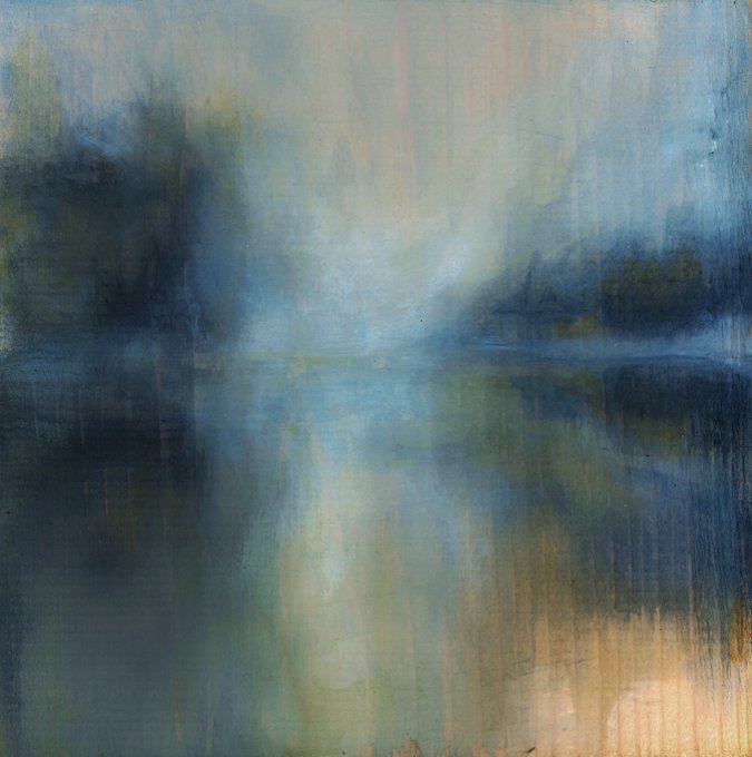 An abstract painting with soft, blurred vertical strokes in muted blues, grays, greens, and hints of peach, evoking an atmospheric landscape or seascape.