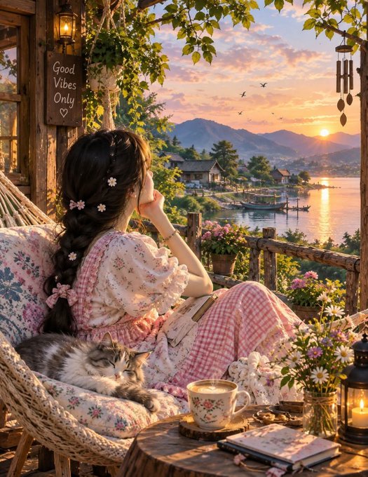 A serene illustration of a woman with a long braided hair, adorned with flowers, sitting on a hammock with a sleeping cat while overlooking a peaceful harbor at sunset; a wooden sign reads "Good Vibes Only."