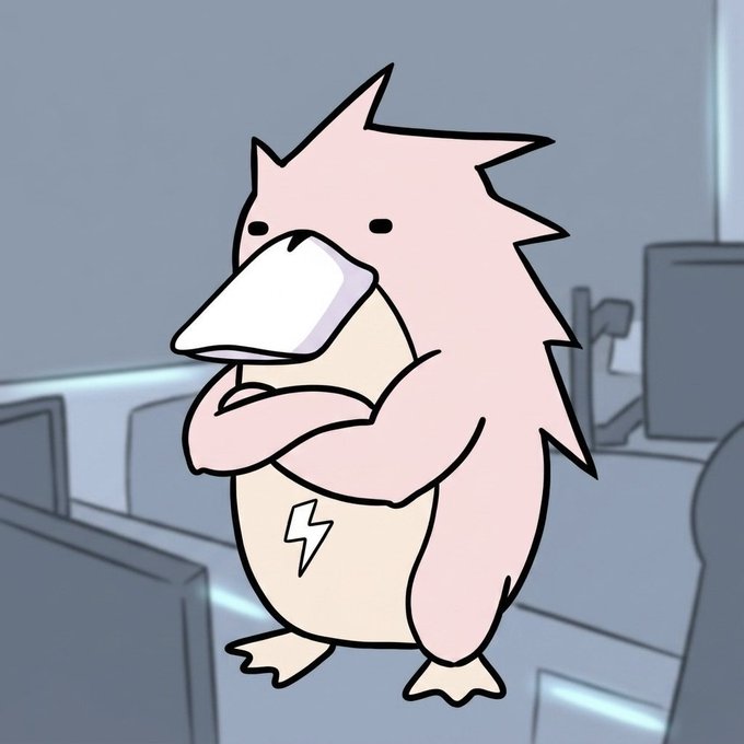 An illustration of a pink, spiky-haired cartoon creature with crossed arms standing in what appears to be an office setting.