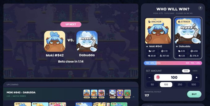 The image shows a computer screen displaying a game interface with two different game options for players, labeled "Mimi vs. Dabudda" and "Dabudda vs. Dumbo". The game interface also includes information about the game's rating system and how much money can be spent on it.
