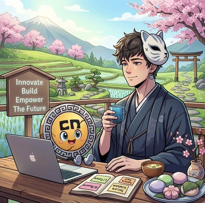 An anime-style illustration of a young man wearing a fox mask, working on an Apple laptop with a BNB coin mascot nearby, set against a Japanese countryside backdrop with Mount Fuji and text reading 'Innovate Build Empower The Future'.