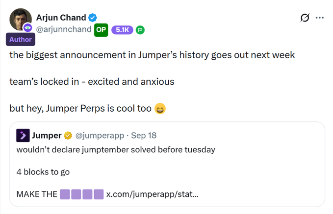 The image shows a tweet from Arjun Chand (@arjunnchand) teasing "the biggest announcement in Jumper's history goes out next week," with the team locked in and a nod to Jumper Perps. It relates to the post by highlighting Arjun's excitement about a major upcoming announcement from Jumper, complementing the hype around Jumper Perps.
