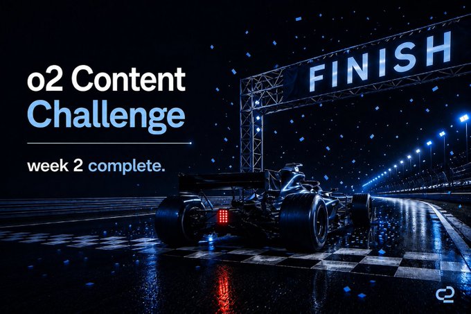 A promotional graphic reading "o2 Content Challenge - week 2 complete" features a Formula 1 race car at night crossing the finish line with confetti falling around it.