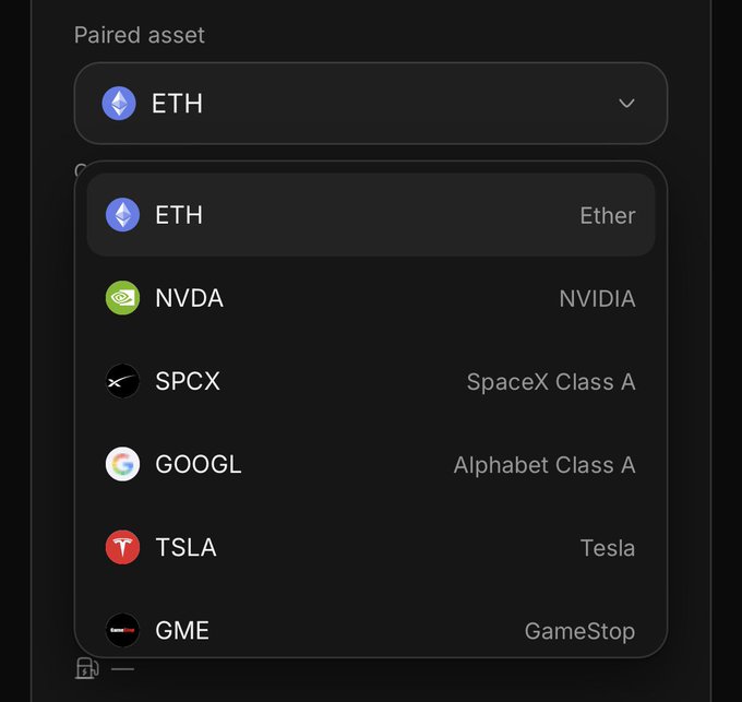 A dropdown menu labeled "Paired asset" displays ETH (Ether) selected by default, with alternative pairing options including NVDA (NVIDIA), SPCX (SpaceX Class A), GOOGL (Alphabet Class A), TSLA (Tesla), and GME (GameStop). The image illustrates the alternative token pairing approach described in the post, showing the available assets to pair with instead of ETH when creating a new token.