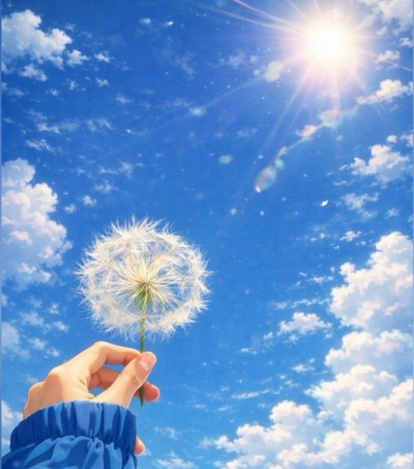 The image features a hand holding up a dandelion seed, with the sun shining brightly above them. The person's hand is positioned over the center of the image, while the dandelion seed is located towards the top right corner. The background consists of a blue sky filled with clouds and bright sunlight. The caption reads "Good Afternoon Everyone Every contribution matters. Every node strengthens the network. Every step moves @QuipNetwork forward."