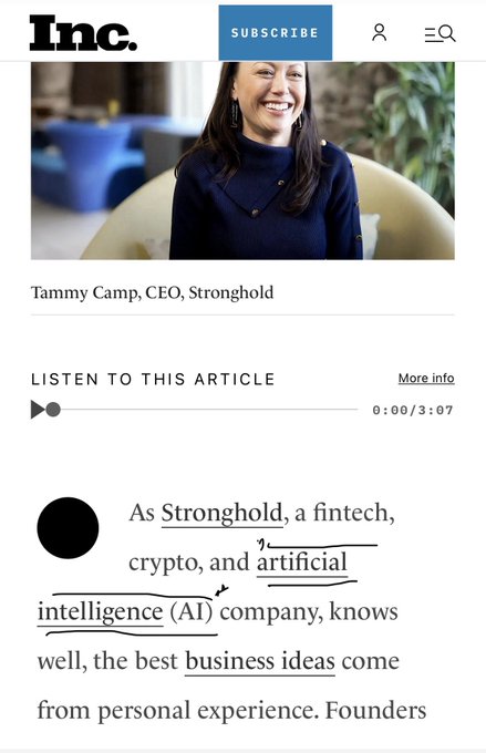 An Inc. magazine article featuring Tammy Camp, CEO of Stronghold, described as a fintech, crypto, and AI company, with an audio player and article text below.