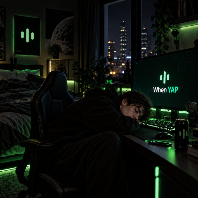 A man rests his head on a desk in a dark room, with a monitor displaying a logo and the text 'When YAP'.
