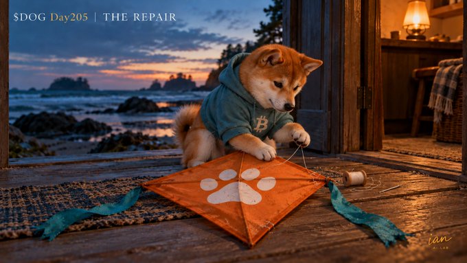 An AI-generated illustration titled '$DOG Day205 | THE REPAIR' shows a Shiba Inu dog wearing a teal Bitcoin hoodie, sewing an orange kite with a paw print on a wooden floor by a seaside at sunset.