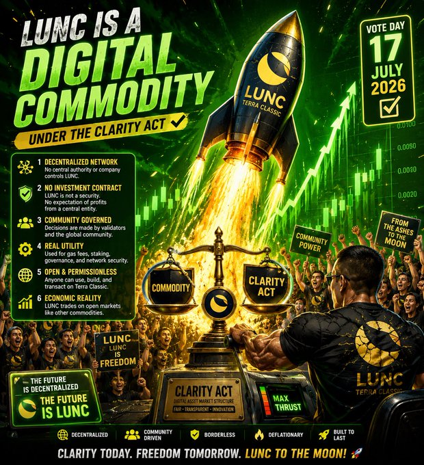 The image is a vibrant promotional graphic declaring "LUNC IS A DIGITAL COMMODITY UNDER THE CLARITY ACT," featuring a rocket labeled "LUNC TERRA CLASSIC" launching alongside a crowd holding signs like "COMMUNITY POWER" and "LUNC IS FREEDOM." It includes six key attributes (Decentralized Network, No Investment Contract, Community Governed, Real Utility, Open & Permissionless, Economic Reality), balances showing "Commodity" and "Clarity Act," and marks a "Vote Day 17 July 2026" with the rallying cry "LUNC TO THE MOON!" The imagery of the rocket and supportive crowd visually reinforces the post's message about LUNC evolving into a recognized digital commodity through regulatory clarity.