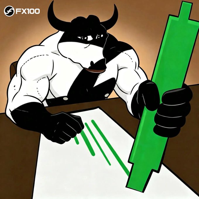 An FX100 cartoon illustration of a muscular black-and-white bull drawing a green upward-trending chart and holding a large green candlestick.