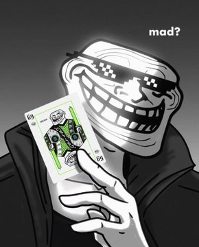 ers face is smudged with black and white paint, while the eyes are covered by sunglasses, creating a humorous expression against a dark background.