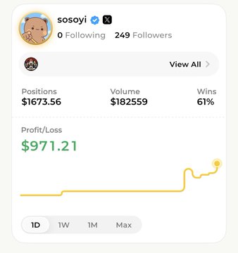 A Polymarket profile for user 'sosoyi' with 249 followers, showing Positions of $1,673.56, Volume of $182,559, and Profit/Loss of $971.21.