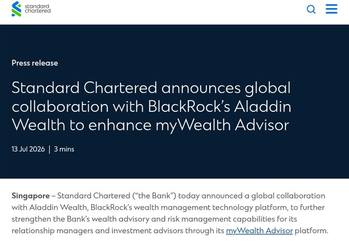 Standard Chartered press release dated 13 Jul 2026 announcing a global partnership with BlackRock's Aladdin Wealth platform to enhance its myWealth Advisor capabilities for relationship managers and investment advisors.