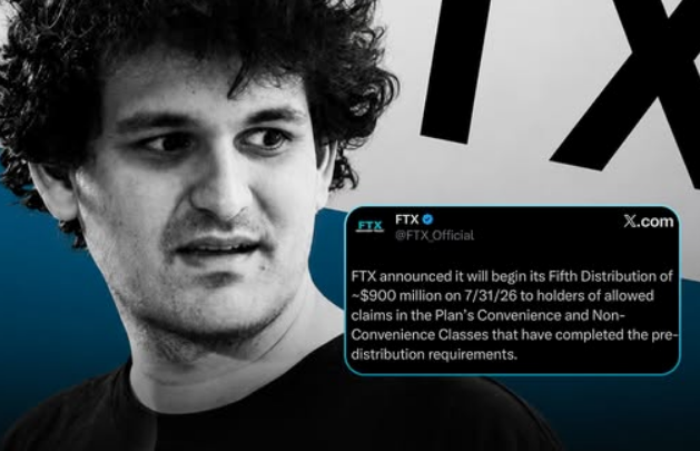 A black and white photo of Sam Bankman-Fried with an overlaid tweet from FTX (@FTX_Official) announcing it will begin its Fifth Distribution of ~$900 million on 7/31/26 to holders of allowed claims.