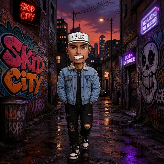 A determined cartoon-style character wearing a "Vibes" cap, denim jacket, and ripped black jeans walks confidently down a graffiti-filled alleyway, with a neon "Skid City" sign and a "No Luck All Hustle" sign illuminating the gritty urban backdrop. The image visually embodies the "Skid City" vibe referenced in the caption, reinforcing the hustle-and-resilience energy of the post.