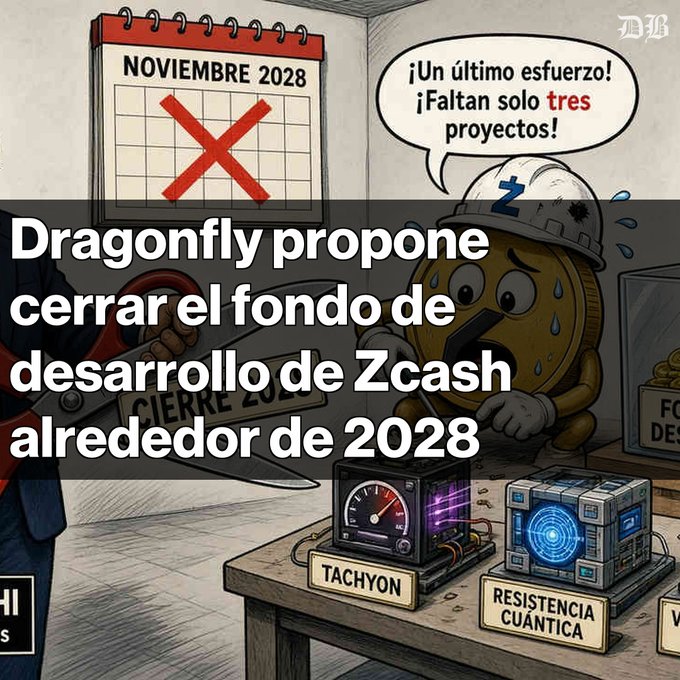 An illustrated news graphic in Spanish featuring a cartoon coin character with a helmet, with text reading 'NOVIEMBRE 2028' on a calendar and a headline translating to 'Dragonfly proposes closing the Zcash development fund around 2028'.