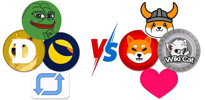 A graphic showing a versus matchup between Dogecoin (DOGE) and Shiba Inu (SHIB) cryptocurrencies, featuring their respective logos including Pepe, Doge, and Shiba, with a 'vs' in the middle.