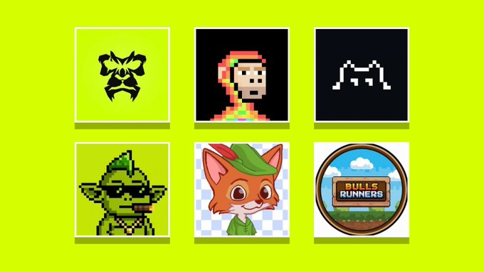 A bright yellow-green background displays six pixel-art NFT-style icons, including a gorilla face, a peeking character, an alien, a frog with sunglasses, a fox in a green hat, and a 'BULLS RUNNERS' logo.