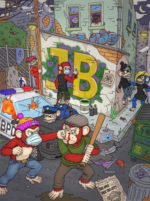 The image features a group of monkeys, including two men wearing masks, engaged in various activities such as fighting each other or playing with bats. One monkey has a baseball bat while another holds a gun. The scene takes place in an urban setting, with graffiti on a building and a car nearby. The post "EL OJU IN DIS BIHH" is visible in the image, which might be related to the content of the drawing or simply a reference to the artist's name.

The monkeys are depicted as aggressive and confrontational, possibly representing a conflict between two opposing forces. This could symbolize themes such as power struggles, social hierarchy, or even the struggle for dominance within an urban environment. The presence of masks adds an element of anonymity and mystery to the scene, further emphasizing the tension and unease present in the image.
