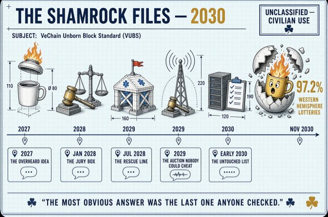 An infographic titled 'THE SHAMROCK FILES – 2030' about the 'VeChain Unborn Block Standard (VUBS)' with a timeline stretching from 2027 to Nov 2030, noting '97.2% WESTERN HEMISPHERE LOTTERIES' and 'THE MOST OBVIOUS ANSWER WAS THE LAST ONE ANYONE CHECKED.'