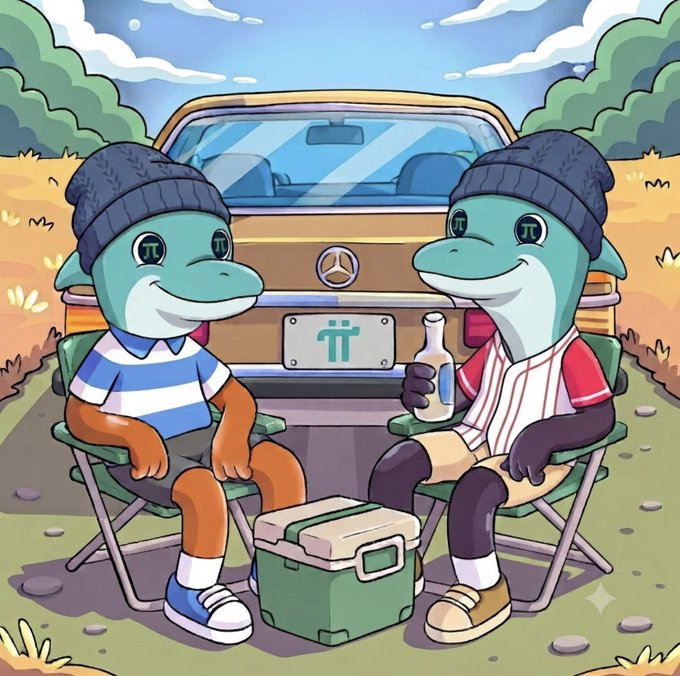 A colorful cartoon illustration of two dolphin-like characters wearing beanies sitting in camping chairs in front of a Mercedes-Benz vehicle, with a cooler between them and a π (Pi) symbol on the license plate.