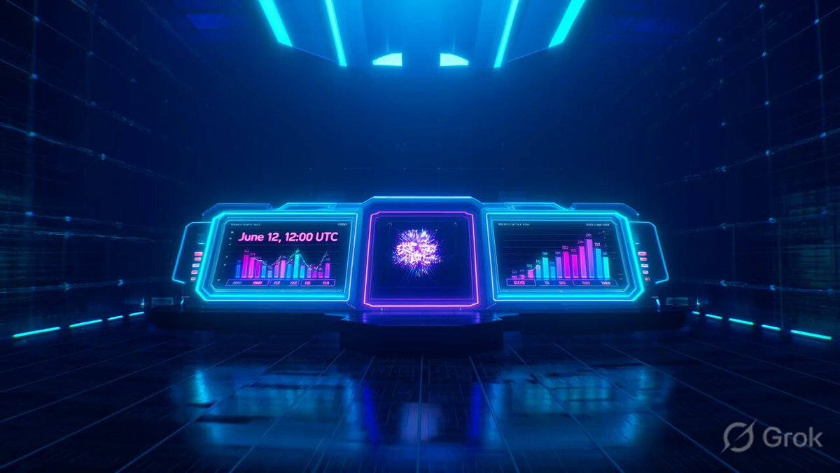 The image features a neon display screen with various graphs and statistics displayed within a futuristic room. The main focus of the image is the vibrant blue background with neon purple squares and a white object that appears to be a clock, located centrally below the top part of the screen. Below the display screen, there's text indicating an ongoing challenge that users are currently participating in at this particular time. The overall color scheme of the scene creates an energetic and futuristic atmosphere.