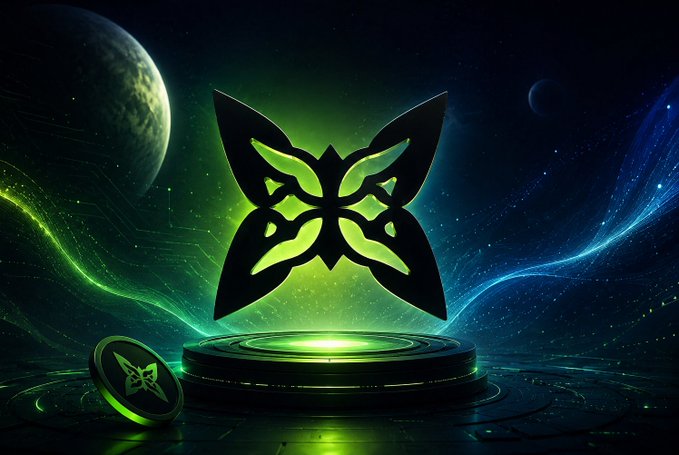 A glowing green butterfly emblem hovers above a circular platform in a cosmic scene with planets and neon waves, while a small coin bearing the same butterfly symbol rests to the side—visually symbolizing QuipNetwork's emerging decentralized quantum computing infrastructure before it goes mainstream.