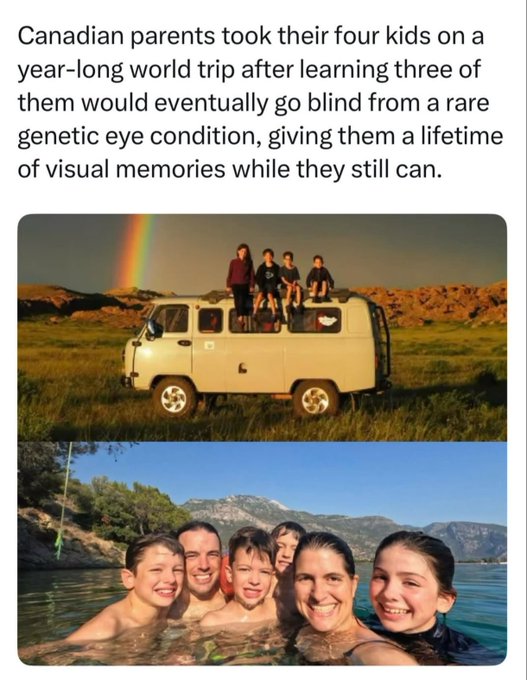 Headline reads 'Canadian parents took their four kids on a year-long world trip after learning three of them would eventually go blind from a rare genetic eye condition, giving them a lifetime of visual memories while they still can,' above photos of the family with a van and a rainbow, and in a lake.