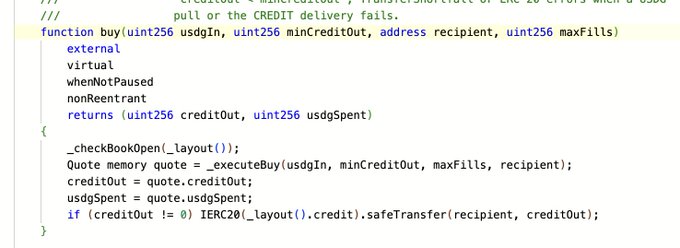 A snippet of Solidity smart contract code defining a 'buy' function with parameters including 'usdgIn', 'minCreditOut', 'recipient', and 'maxFills', involving quote memory and IERC20 safeTransfer calls.