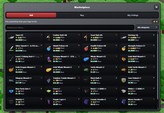 A screenshot of a fantasy game Marketplace interface displays various items for sale including a Tuna (+3), Feather Bait (+48), Trout Bait (+85), Herring (+36), and Shield Potion (+26), among other potions, mounts, and fish listings with gold prices.