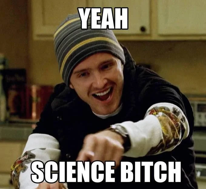 A man in a striped beanie and dark jacket excitedly points at the camera with a wide grin, captioned "YEAH" at the top and "SCIENCE BITCH" at the bottom—a nod to Jesse Pinkman's iconic line from Breaking Bad. The meme's humorous "science" energy pairs with the post's cautious technical analysis, where the author jokingly downplays their stock predictions for $GME as if reluctant to release scientific findings before confirming a green close.