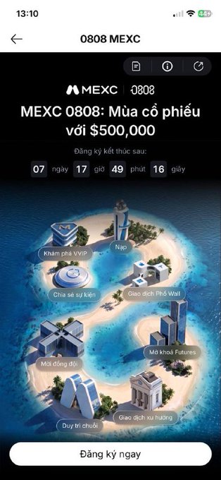 A MEXC cryptocurrency exchange promotional page for the 'MEXC 0808' event titled 'MEXC 0808: Mua cổ phiếu với $500,000' (Buy stocks with $500,000), featuring a countdown timer and an island map with various activities like 'Khám phá VVIP', 'Nạp', 'Chia sẻ sự kiện', 'Giao dịch Phô Wall', 'Mở đóng đôi', 'Mở khoá Futures', 'Duy trì chuỗi', and 'Giao dịch xu hướng', with a 'Đăng ký ngay' button at the bottom.