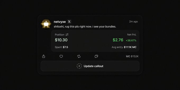 A dark-themed X (formerly Twitter) post from user "netyqe" displays a callout message stating "shitoshi, rug this pls right now. i see your bundles," along with a token position showing $10.30 spent $7.5 with a net PnL of $2.76 (+36.67%) and market cap of $152K, referenced to a $Fartcoin dev on Pumpfun. The "Update callout" button at the bottom highlights the post's purpose of publicly exposing wallet clusters and bundle activity tied to the shitoshi developer.