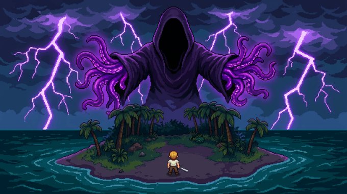 Pixel art of a small figure with a sword facing a giant purple hooded figure with tentacle arms on a tropical island under stormy skies with purple lightning.