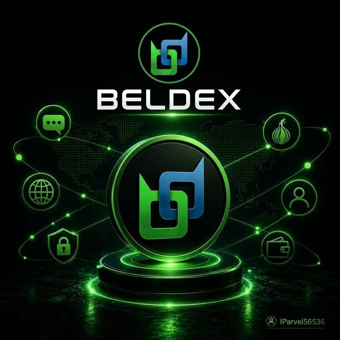 A promotional graphic for "BELDEX" featuring the green and blue logo in the center, surrounded by icons representing chat, onion routing, web, security, wallet, and user identity.