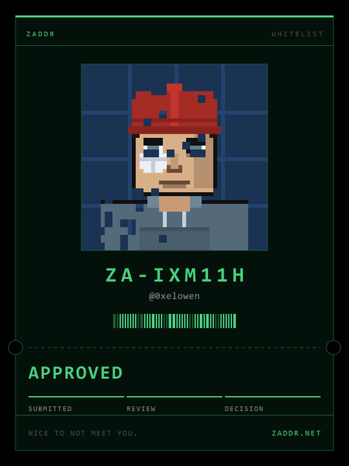 A digital ID card from 'ZADDR WHITELIST' features a pixel art character wearing a red cap and gray hoodie, with the identifier 'ZA-IXM11H', the handle '@0xelowen', and the status marked 'APPROVED'.