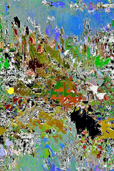 A vibrant, abstract expressionist painting filled with chaotic brushstrokes of bright greens, blues, yellows, reds, and black, evoking an energetic, almost explosive landscape with no clear focal point or text. As a "New 1/1," it appears to be a one-of-a-kind original artwork debut, the dense impasto texture and dynamic composition emphasizing its unique, unrepeatable nature.