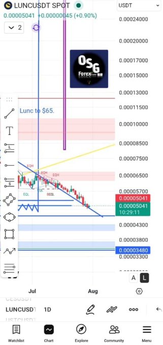 A TradingView chart for LUNCUSDT showing a price of 0.00005041, with annotations including 'Lunc to $65' and an 'OSG Forex' logo.