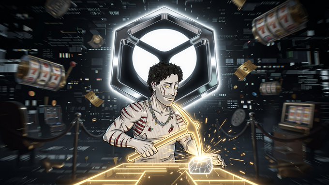A stylized digital illustration of a man with curly hair holding a glowing golden hammer over an anvil, surrounded by floating slot machines, with a large white hexagonal logo in the background.