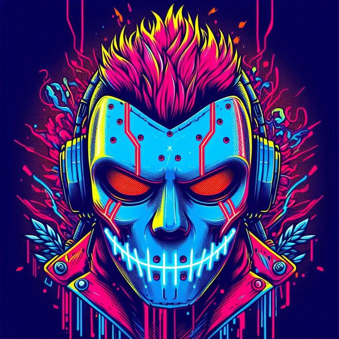 A vibrant neon-colored illustration of a blue robotic mask with glowing red eyes and a stitched smile, featuring pink hair and splashes of color.