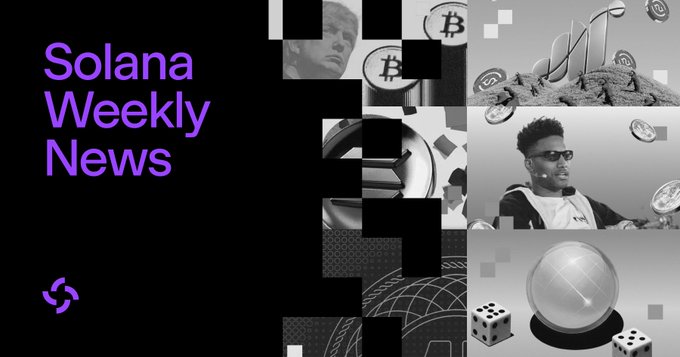 The image is a promotional graphic for "Solana Weekly News" featuring purple text on a black background, alongside a collage of black-and-white images showing Bitcoin coins, a Trump portrait, a person with sunglasses, and dice with a crystal ball. The graphic accompanies a post highlighting the top six Solana news stories of the week, including ANSEM's rise to $100M, World.xyz's prediction market launch, and OpenStandard's $OUSD stablecoin announcement.